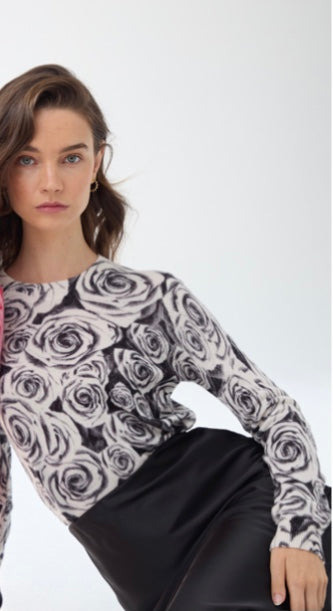 Autumn Cashmere Rose Print Crew - Black/White