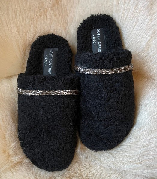 Daniella Erin NYC Beaded Shearling Slides - Black