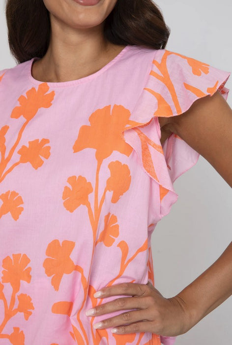 Juliet Dunn Majorelle Print Frill Top - Pink/Orange