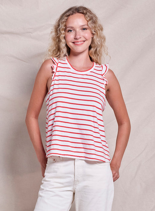 Sundry Stripe Ruffle Tee - Optic White/Red